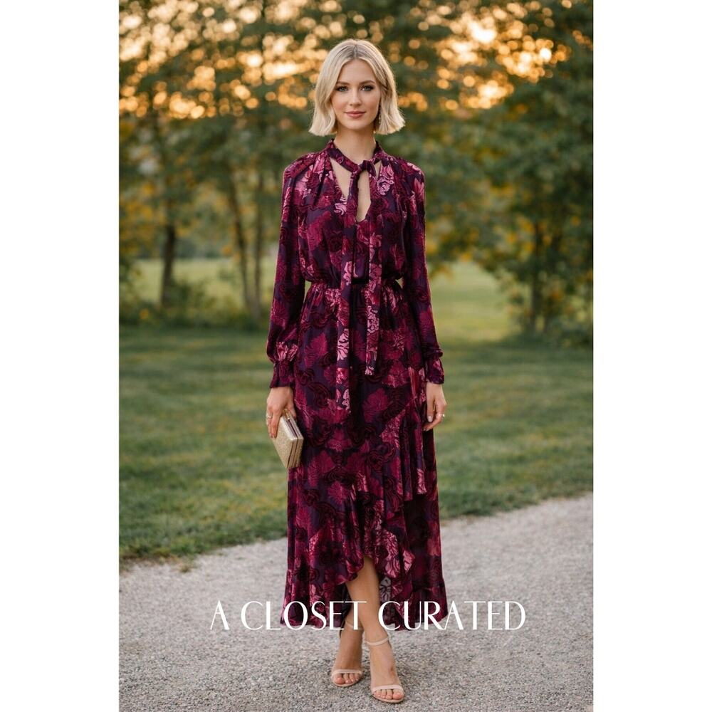 Monique Lhuillier Palais Velvet Long Sleeve Hi Low Bow Maxi Dress 2 NEW Purple